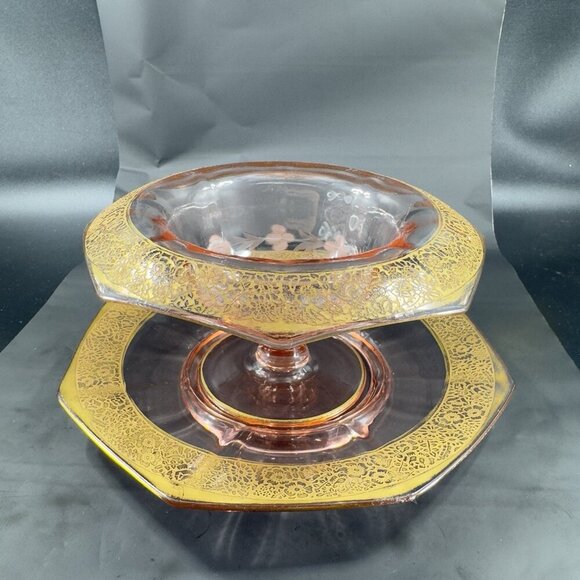 1930s Tiffin Franciscan Pink Depression Gold Edging Rambler Rose Dish Bowl Plate - Picture 8 of 14